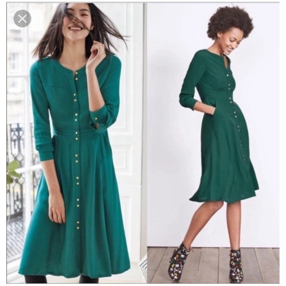 Boden Forest Green Midi Dress Women Sz 10 Gold Hardware Epaulettes Button Pocket